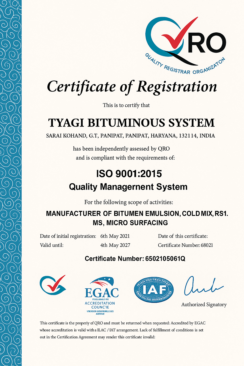 Official ISO Certificate